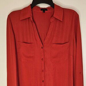 Talbots Coral Red blouse with breast pockets, darts, roll tab sleeves, size 14